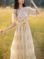 Flowering Girl Women roxanne Vacation V-Neck Puff Sleeve Floral Dress