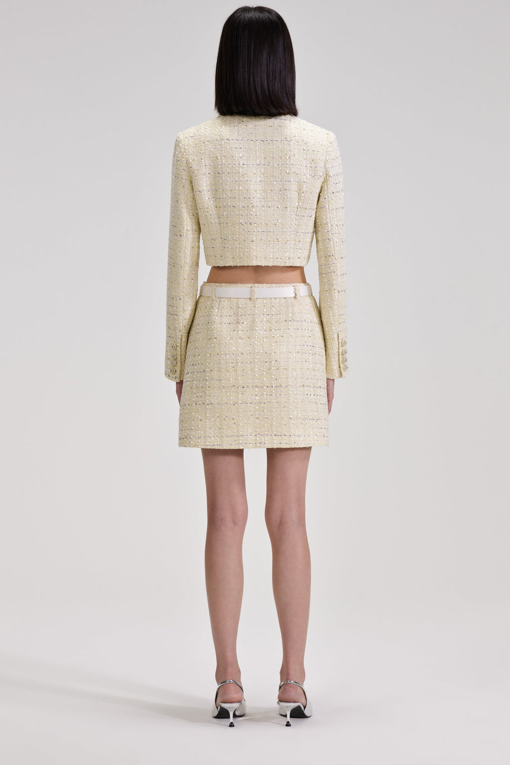 Flowering Girl Women Yellow Color Light Thin Tweed Short Coat & Skirt