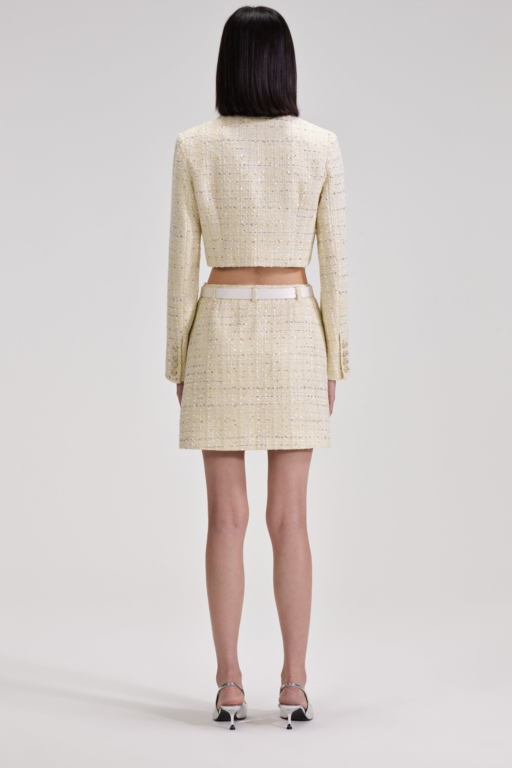 Flowering Girl Women Yellow Color Light Thin Tweed Short Coat & Skirt