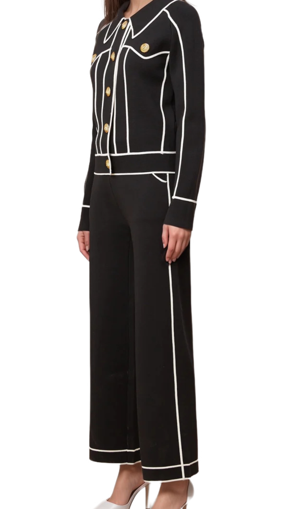 Flowering Girl Women amity seven-button black piped-trim jacket