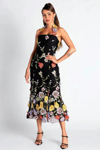 Flowering Girl Women Halter Embroider Floral Midi Dress In Black