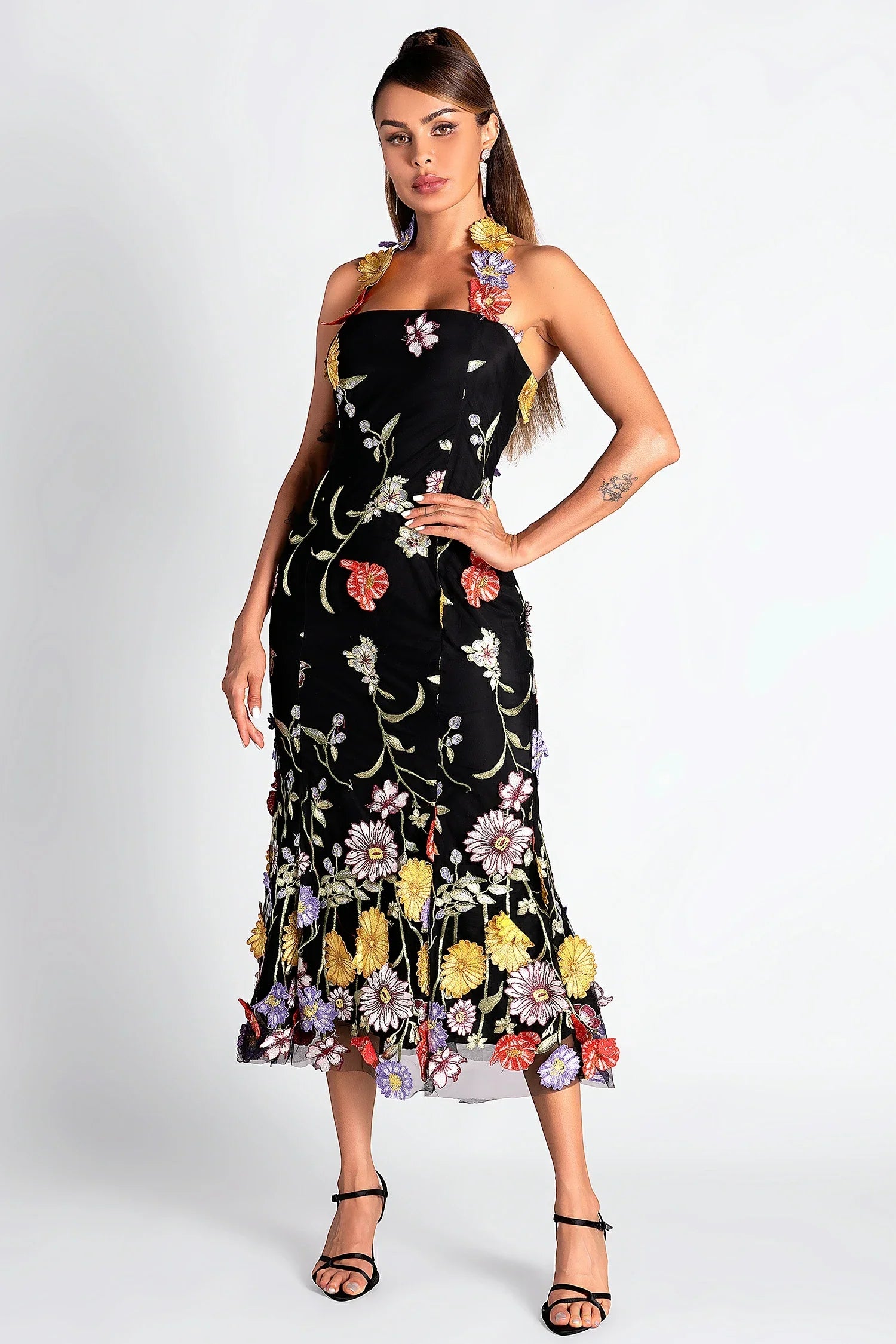 Flowering Girl Women Halter Embroider Floral Midi Dress In Black