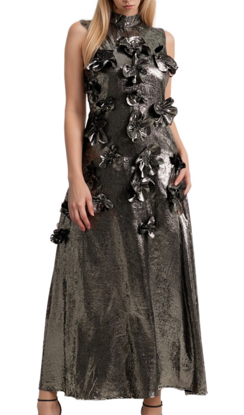 Flowering Girl Women aditi 3d floral embellished maxi dress in grey