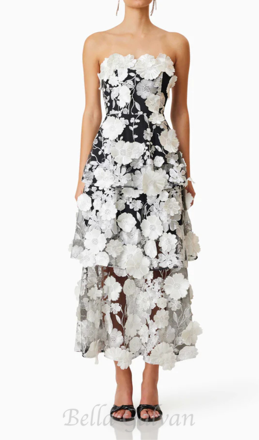 Flowering Girl Women Selene 3D flower Tiered Maxi Dress In Black