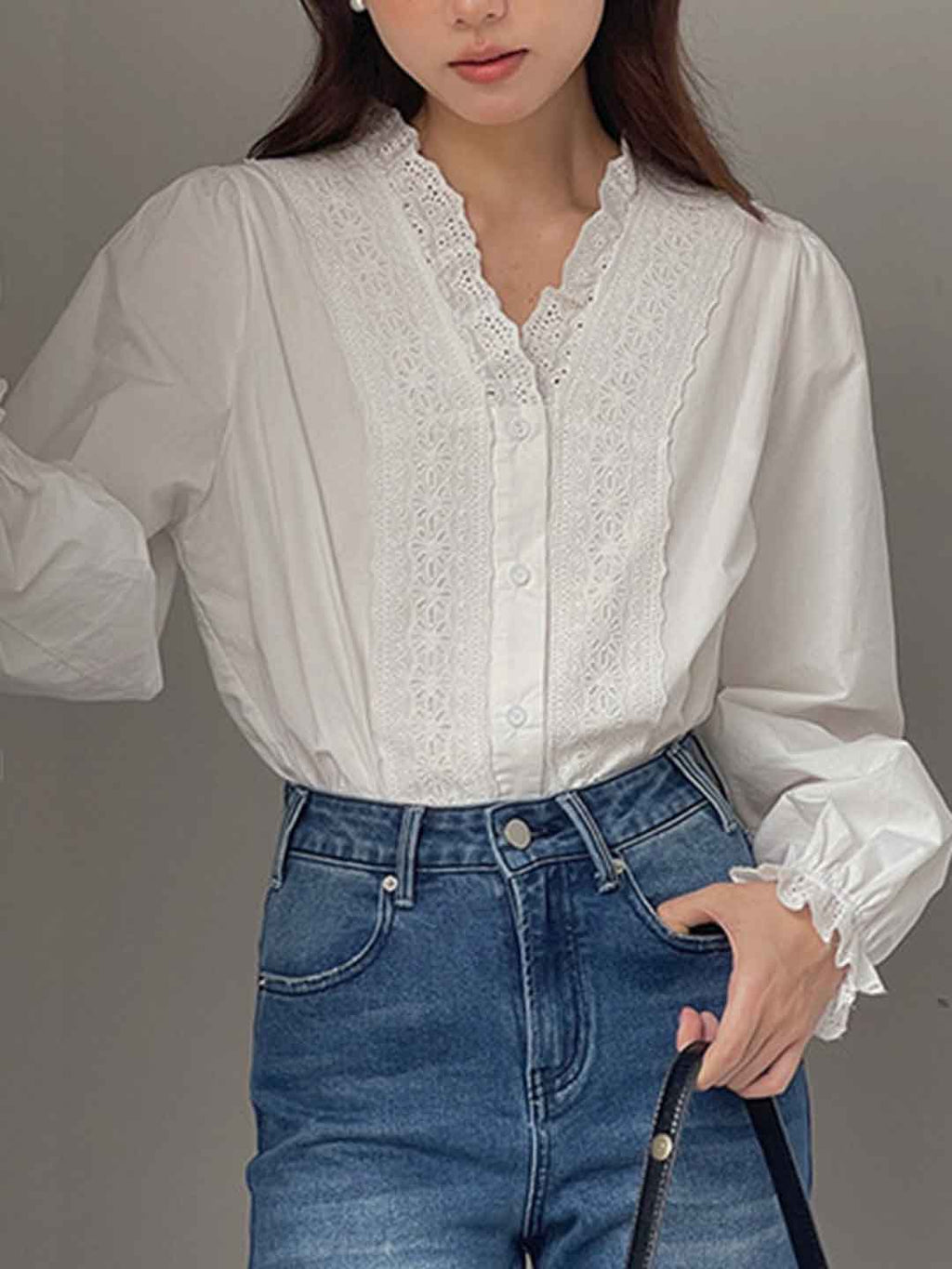 olive Retro V-Neck Crocheted Lace Trim Top
