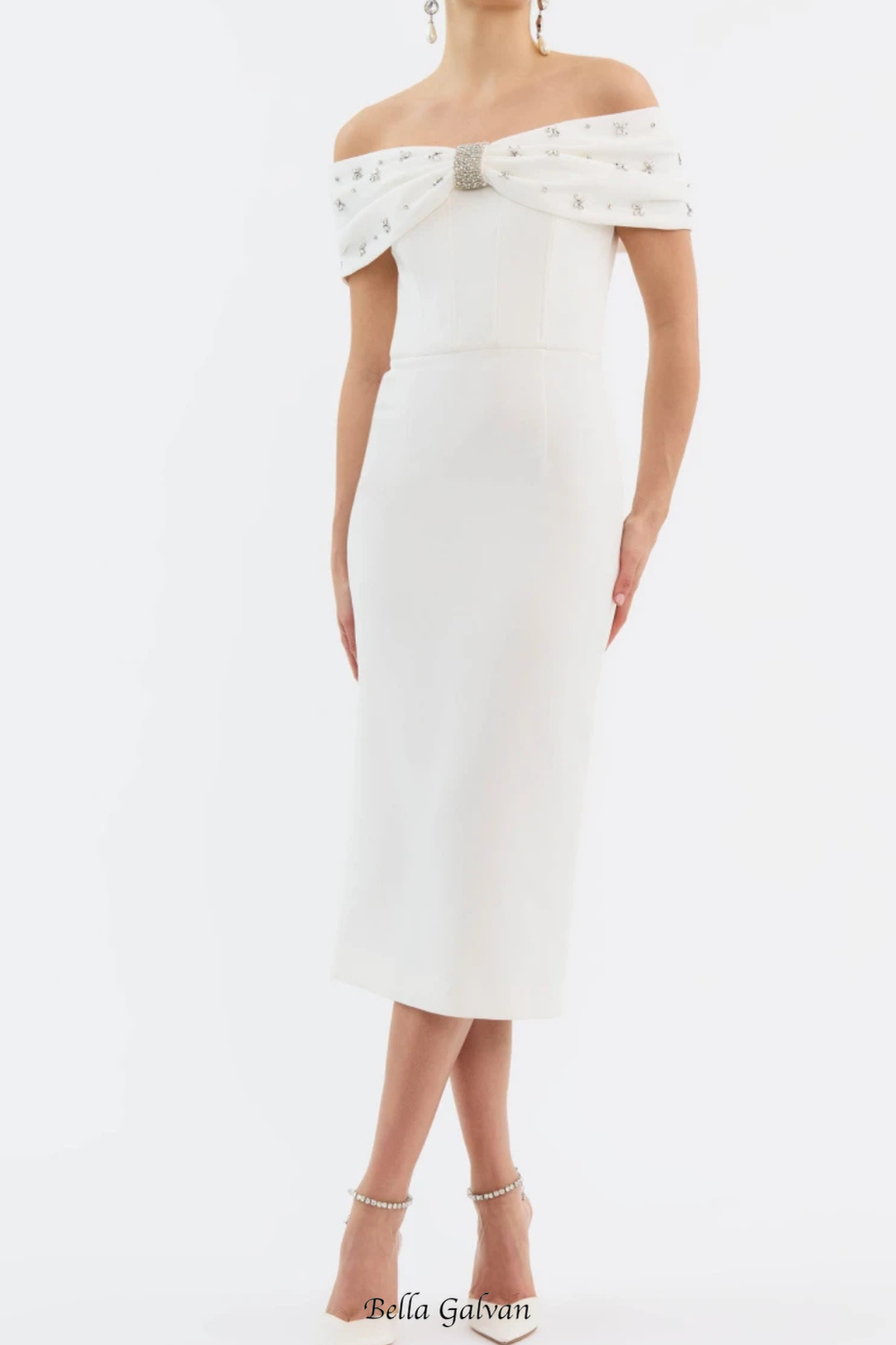 beulah Off-shoulder beaded diamond midi dress in white