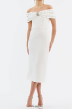 beulah Off-shoulder beaded diamond midi dress in white