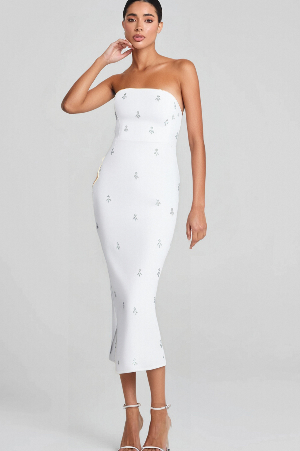 Flowering Girl Women LINDA STRAPLESS CRYSTAL EMBELLISHED WHITE BANDAGE DRESS