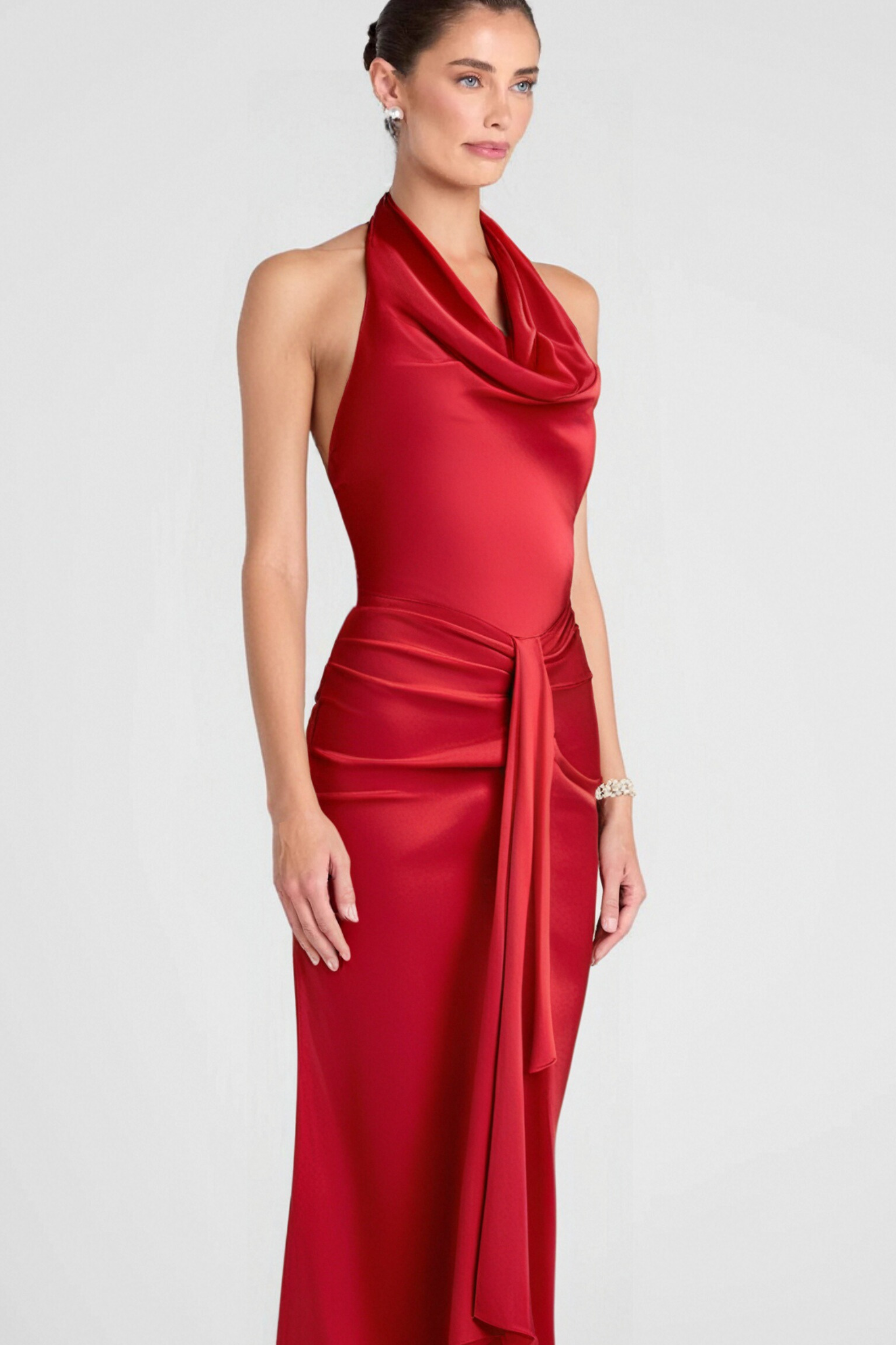 Flowering Girl Women Halter Draped Satin Mermaid Maxi Dress In Red