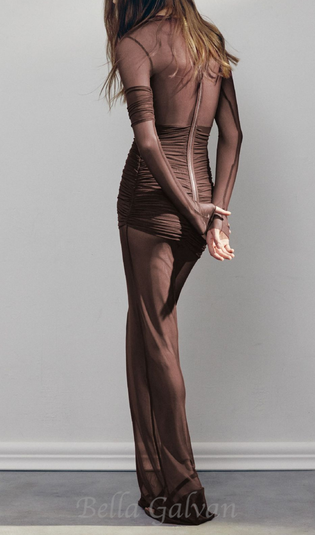 Flowering Girl Women long sleeve mesh insert draped maxi dress