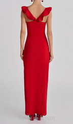 Flowering Girl Women floral ruffle trim halter midi dress in red