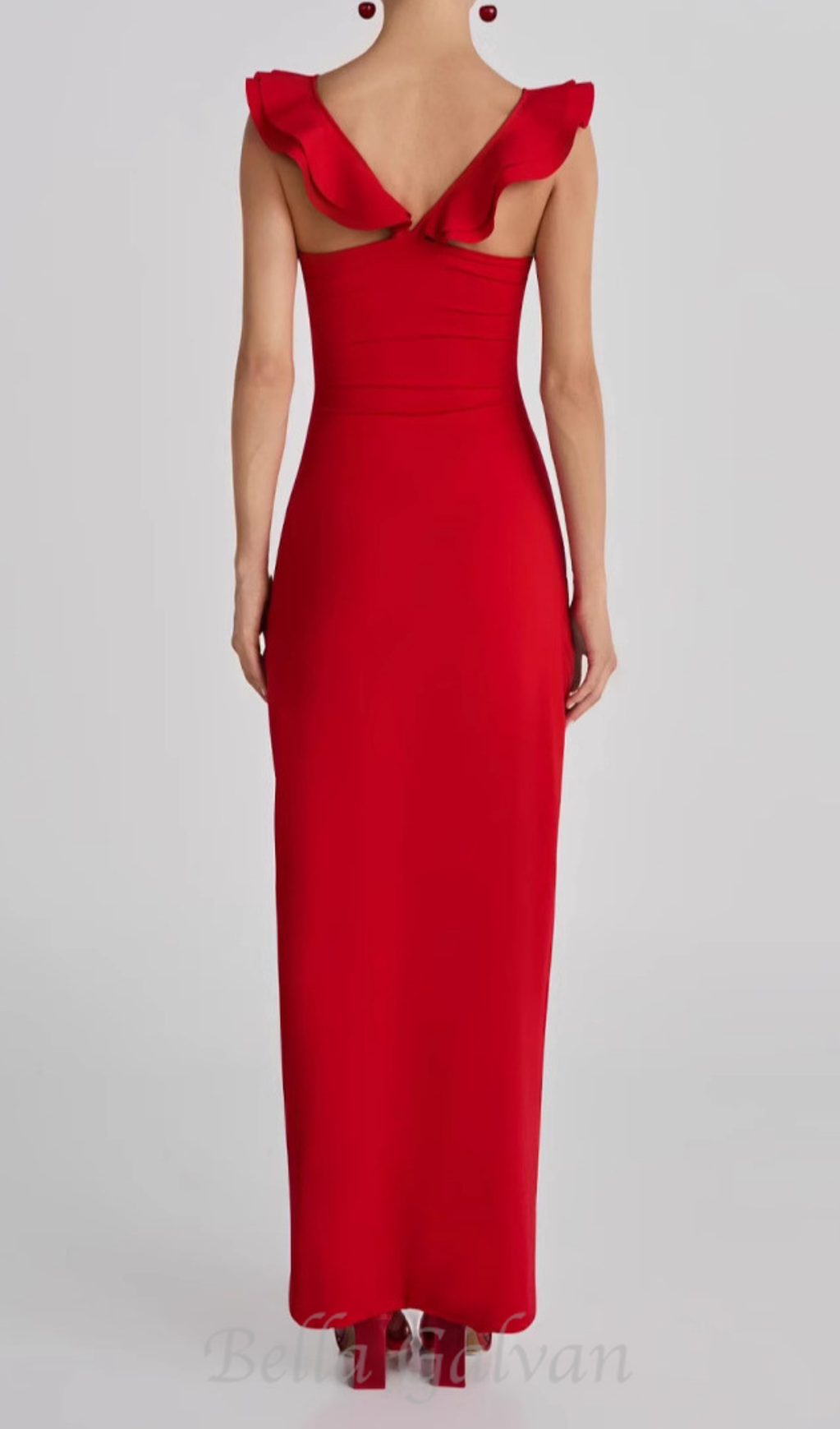 Flowering Girl Women floral ruffle trim halter midi dress in red