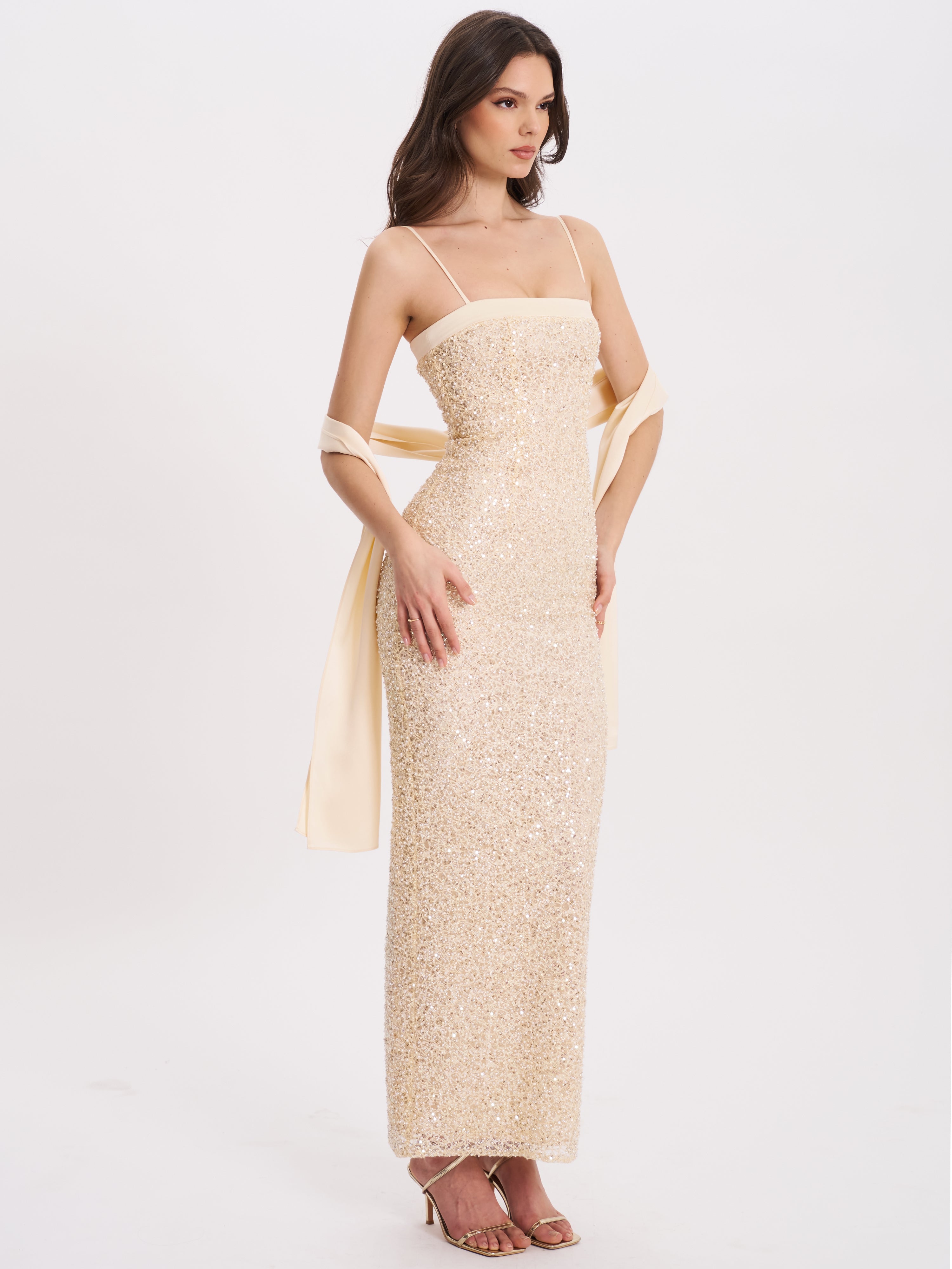 Raizel Gold Beaded Sequin Bodycon Gown With Scarf