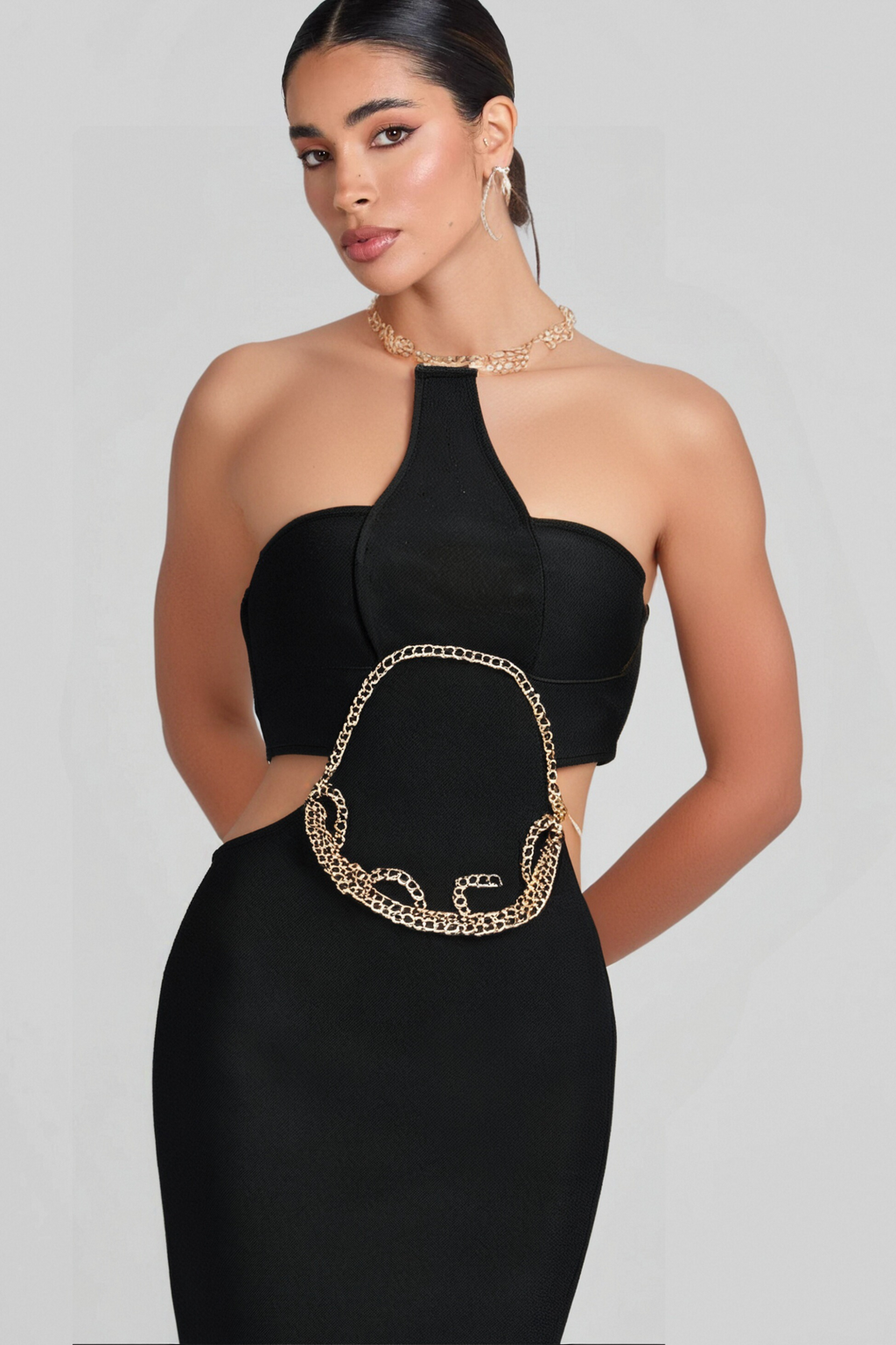 Flowering Girl Women Gold Chain Waist Cutout Bandage Dress
