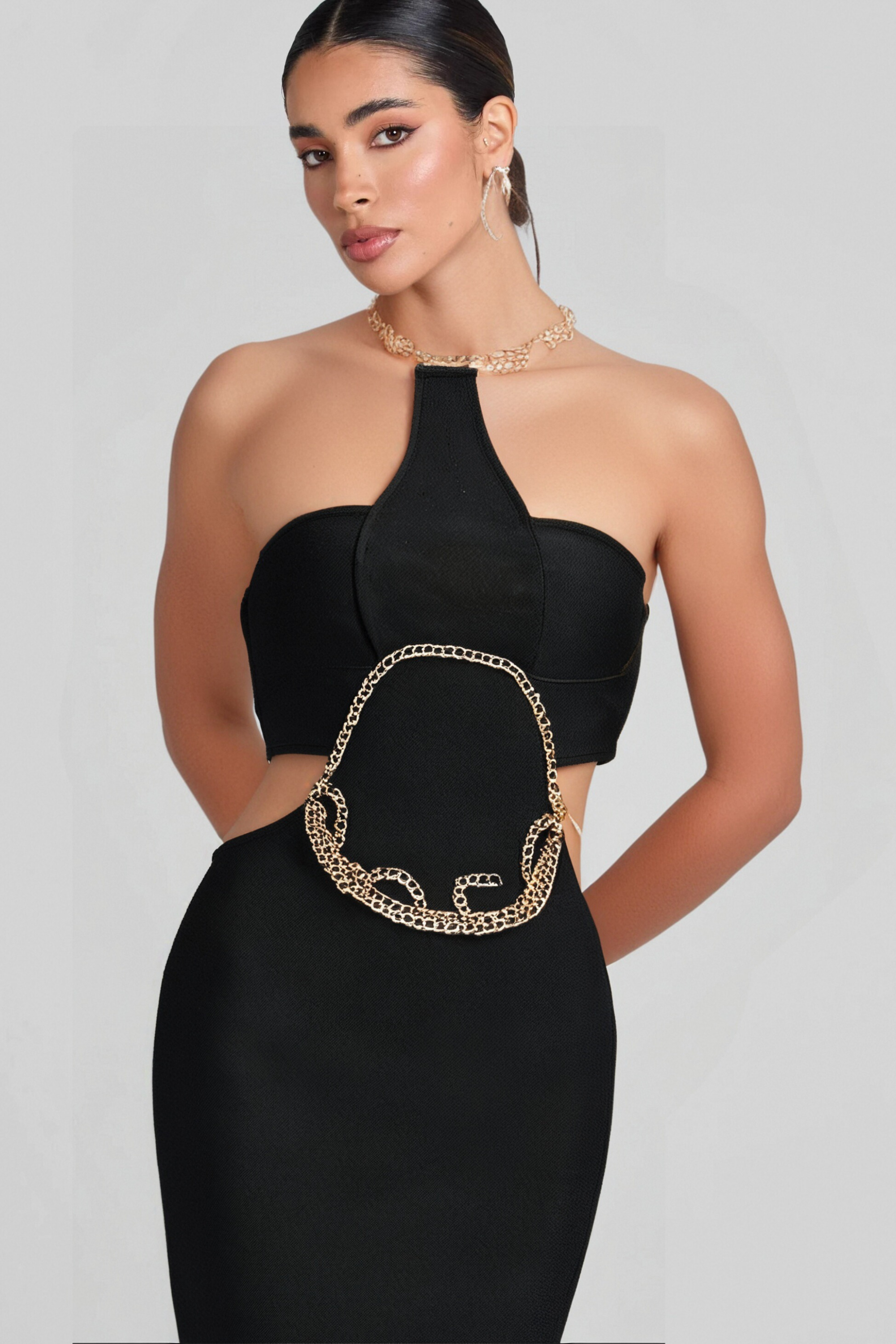 Flowering Girl Women Gold Chain Waist Cutout Bandage Dress