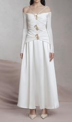 Flowering Girl Women white A-line Cold Shoulder Sleeved Spandex Taffeta Maxi Dress