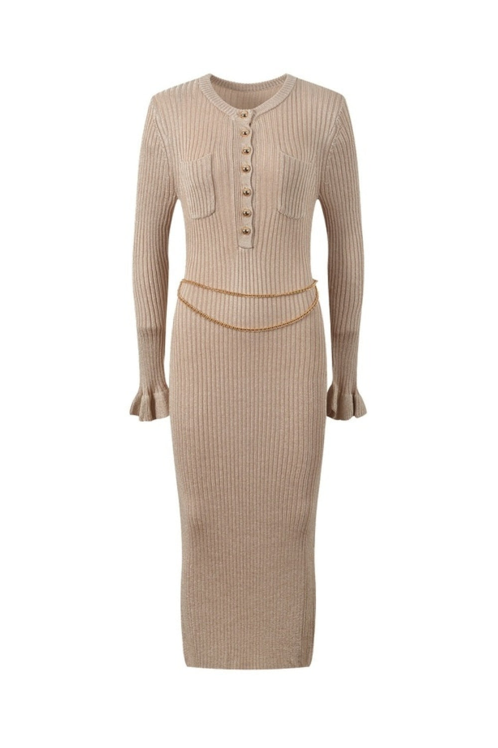 lauren Gold Lurex Ribbed Knit Midi Dress