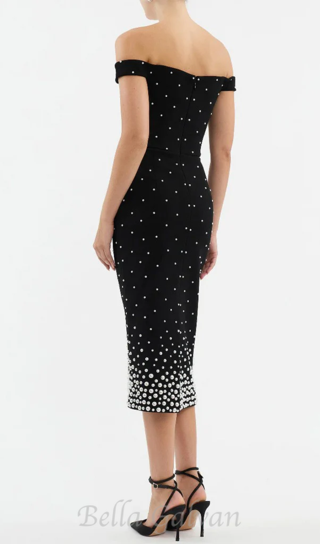 Flowering Girl Women pearl polka dots embellished midi dress in black