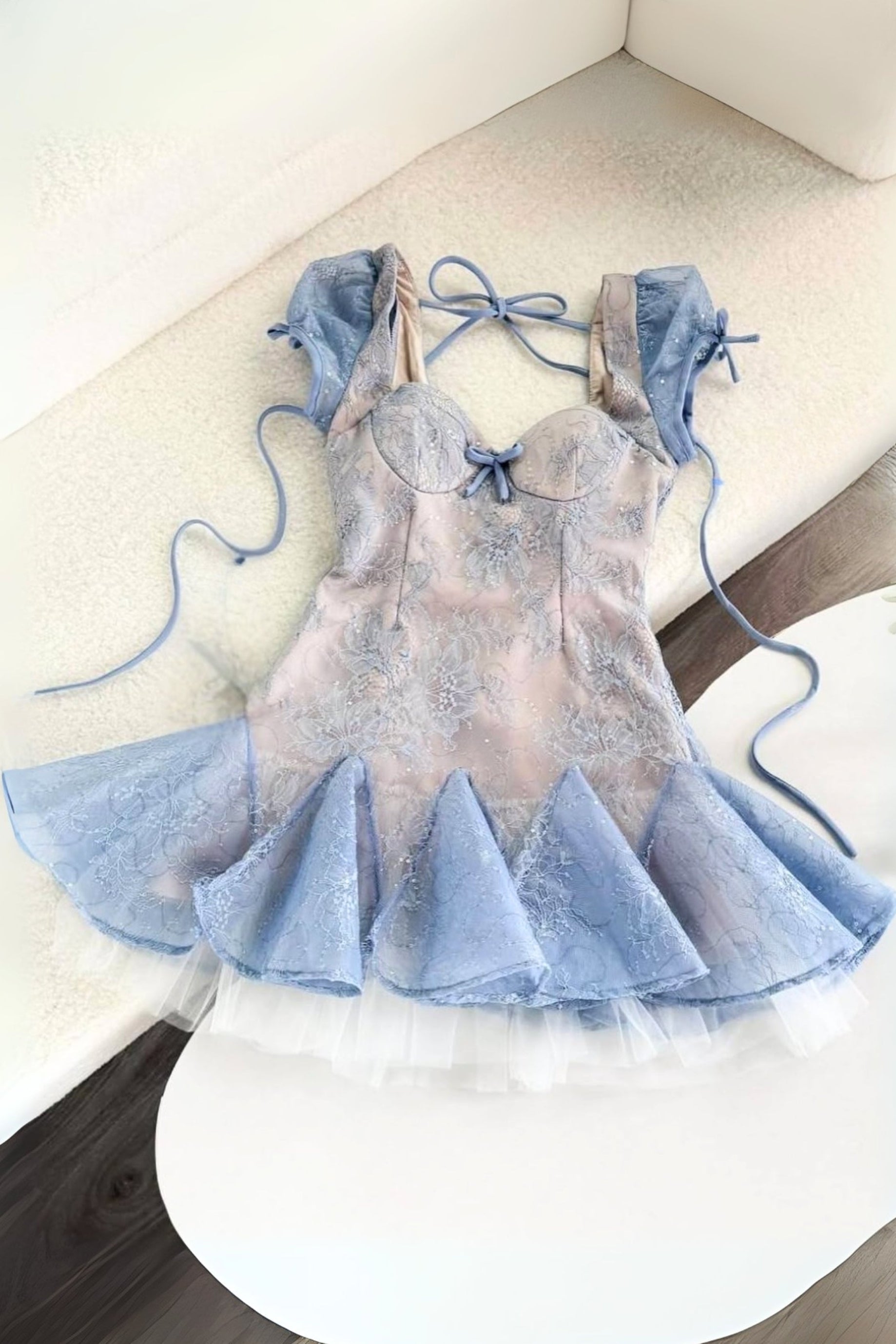 Flowering Girl Women Lace Embroidery Puffy Mini Dress In Blue