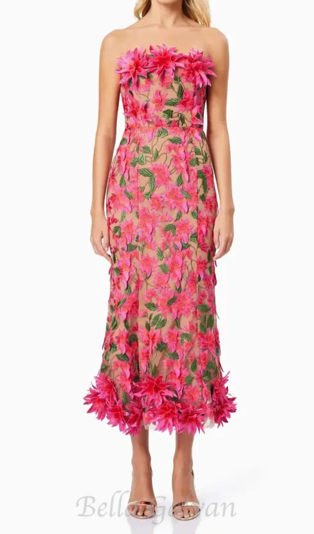 Flowering Girl Women 3D flower embroidery strapless midi dress in rose red