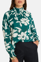 Flowering Girl Women Affection Forest Floral Shirred High Neck Ls Top