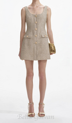 Flowering Girl Women Sequin-embellished checked metallic bouclé-tweed mini dress in gold