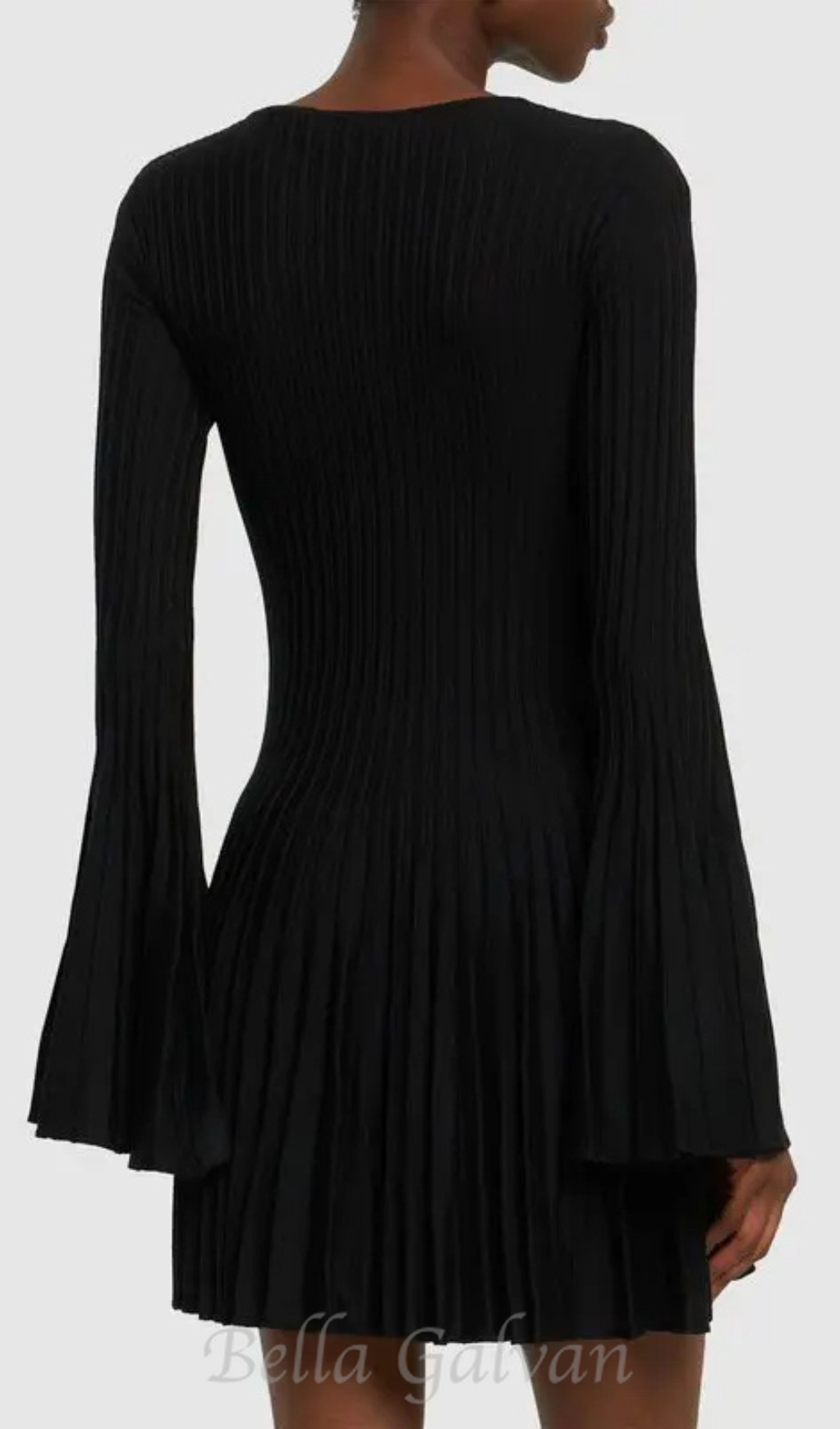 Flowering Girl Women pleated wool knit long sleeve mini dress in black