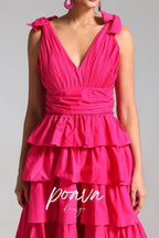 Flowering Girl Women Plunge V Ruffle Tiered Slit Gown In Pink