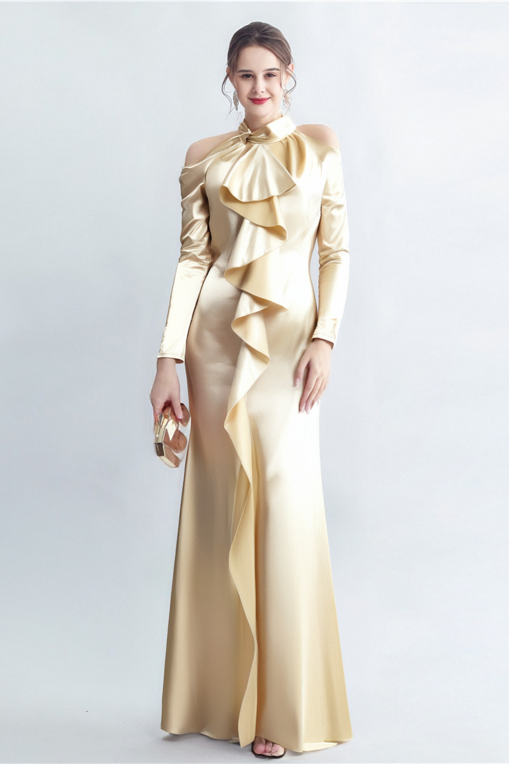 Flowering Girl Women Rae Champagne One-Shoulder Ruffle Embellished Maxi Dress