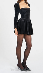 Flowering Girl Women Yolanda Black Velvet Long Sleeve Mini Dress with Lace Trim