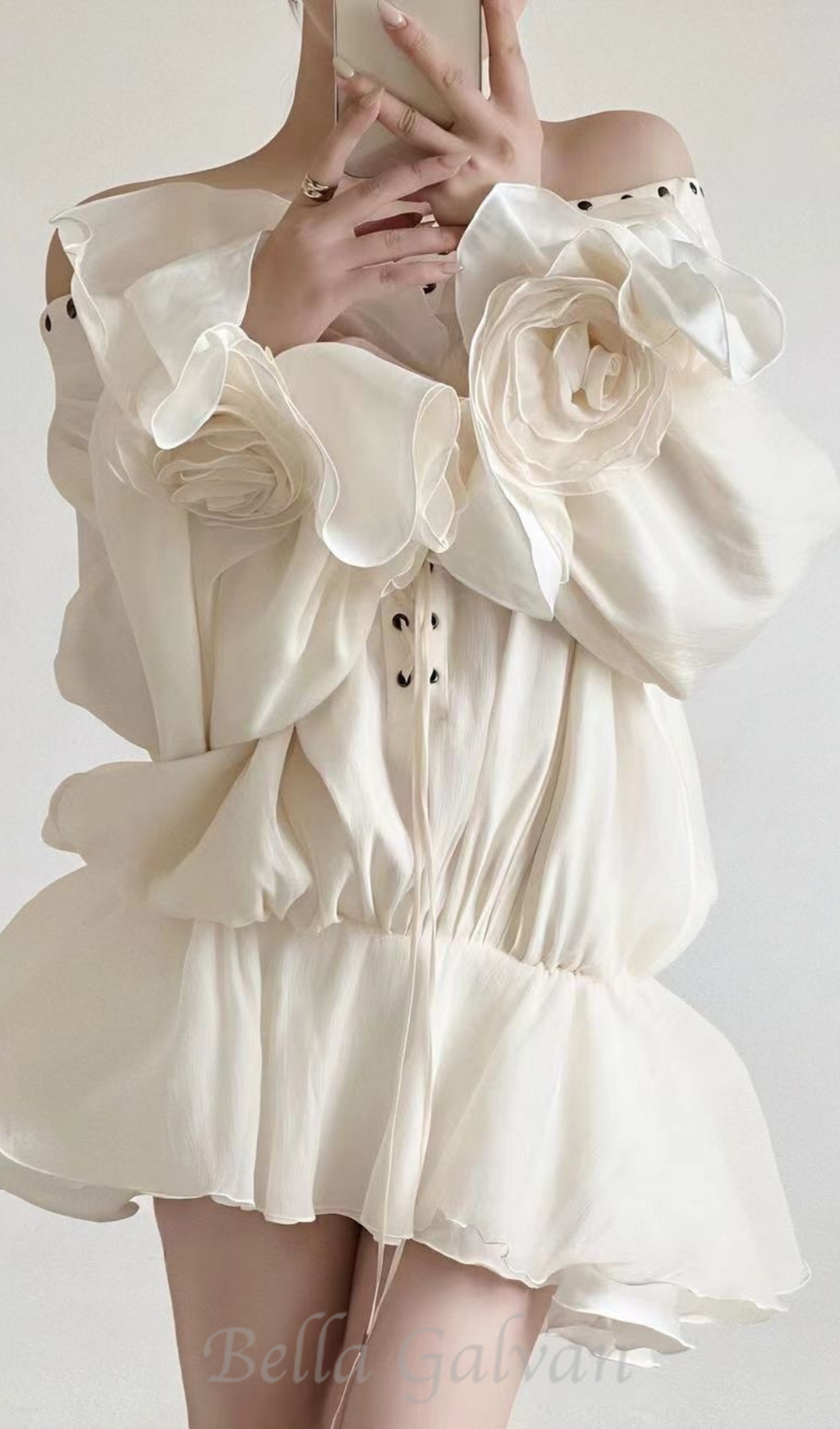 Flowering Girl Women off-shoulder flared sleeve mini shirt dress in white