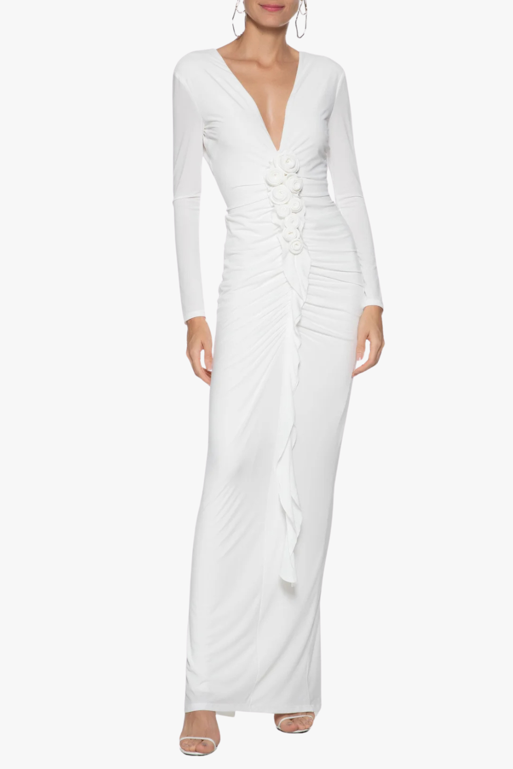 Flowering Girl Women elsa V Neck Flower Ruched maxi Dress in white