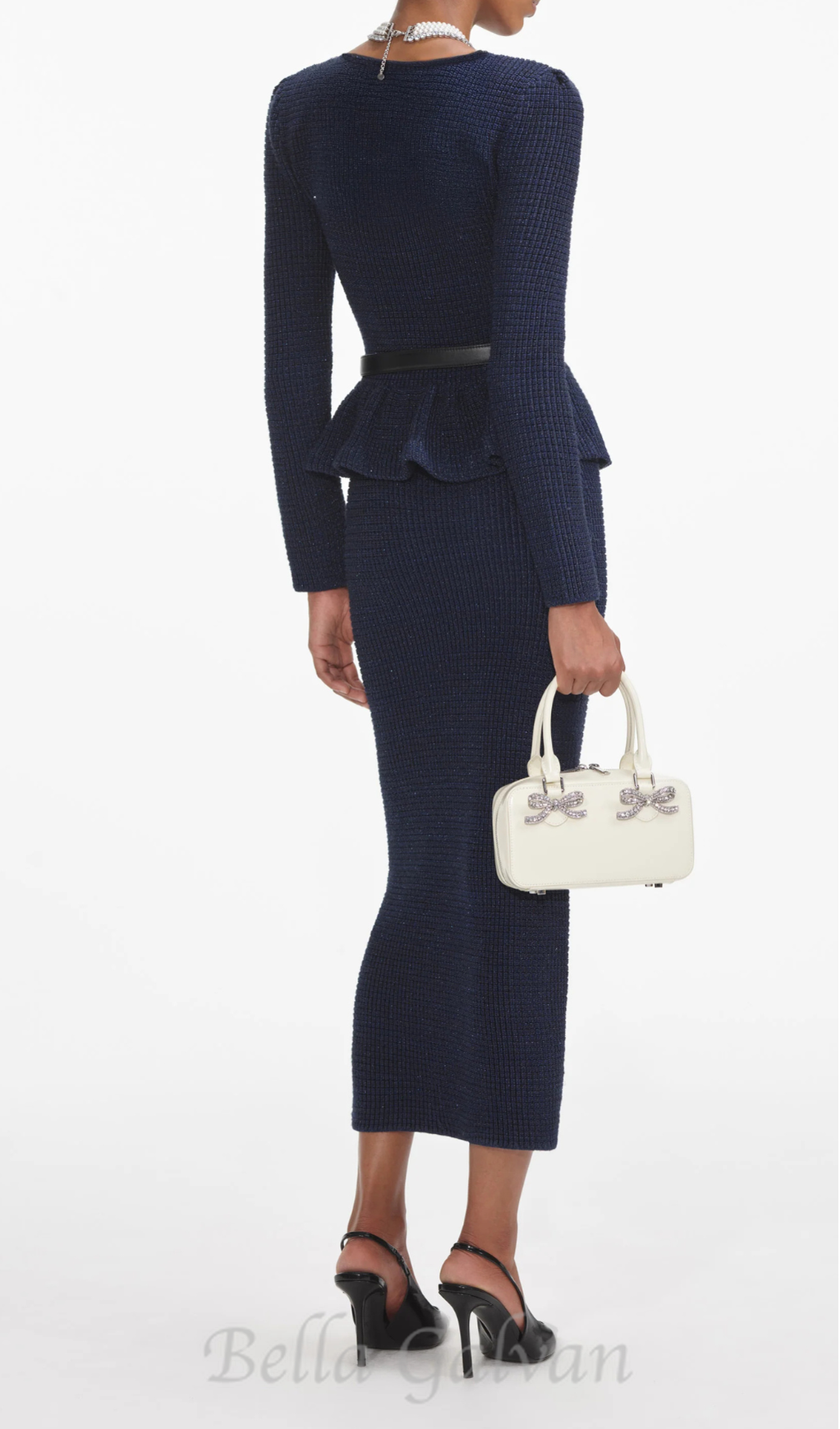 knit peplum maxi dress in dark blue
