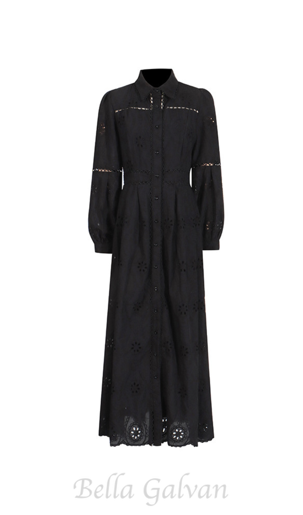 Flowering Girl Women retro single-breasted hollow lace midi dress in black