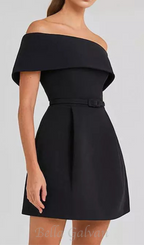 Flowering Girl Women belted off-shoulder a-line mini dress in black