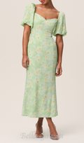 Flowering Girl Women puff sleeve floral square neckline midi dress in green