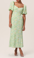 Flowering Girl Women puff sleeve floral square neckline midi dress in green