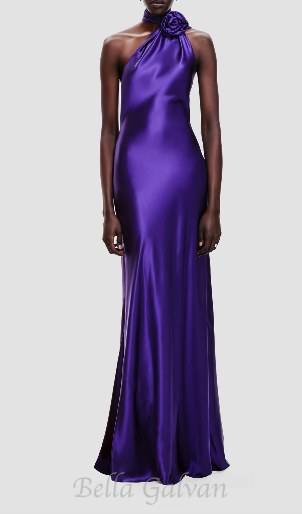 Flowering Girl Women satin wrap halter gown with flower in purple