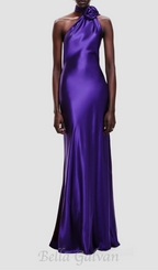 Flowering Girl Women satin wrap halter gown with flower in purple