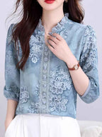 simona Classic Auricular Collar Printed Chiffon Top