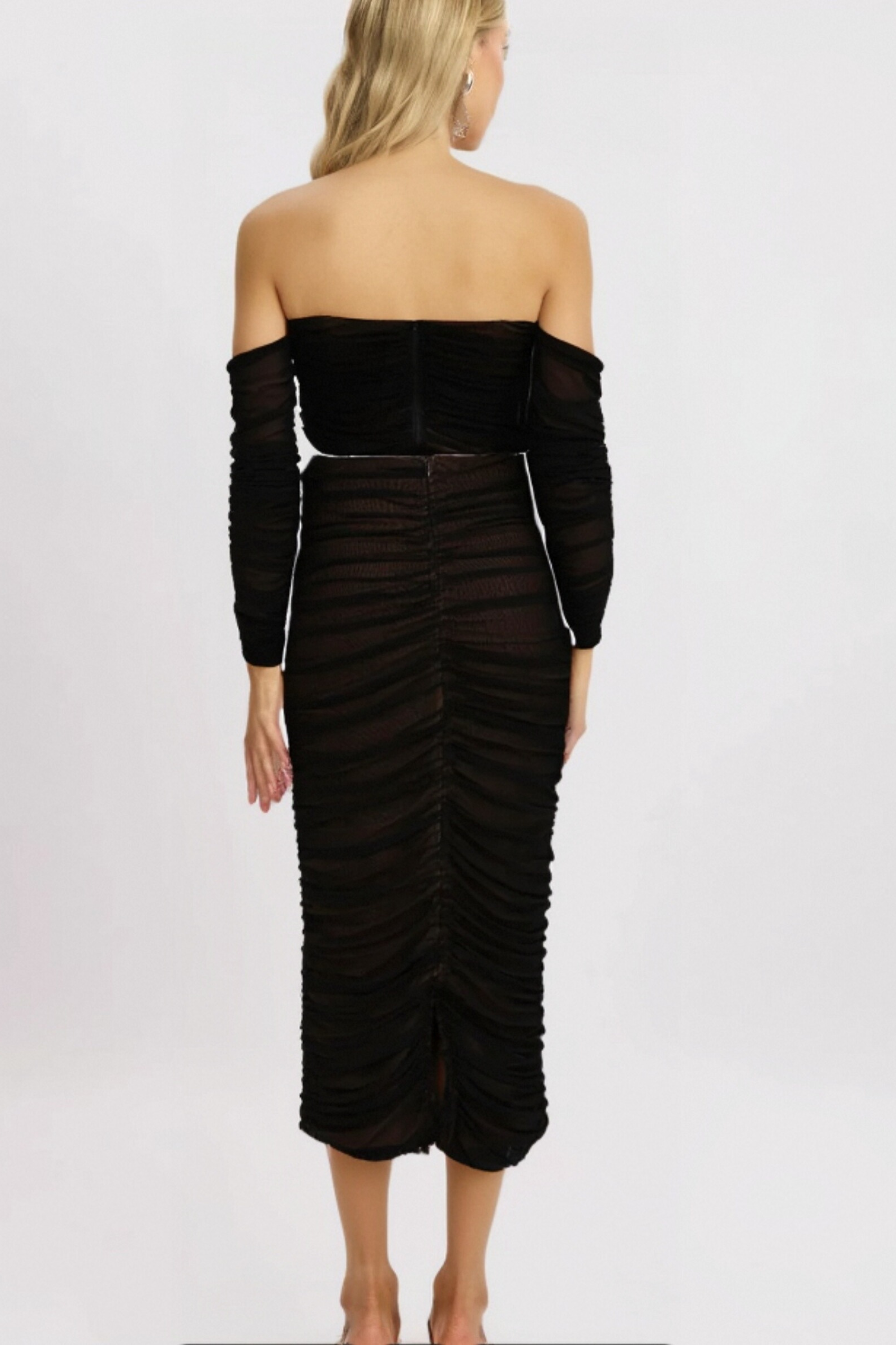 Flowering Girl Women Gwenonwy Black Ruched Mesh Top & Skirt Matching Set
