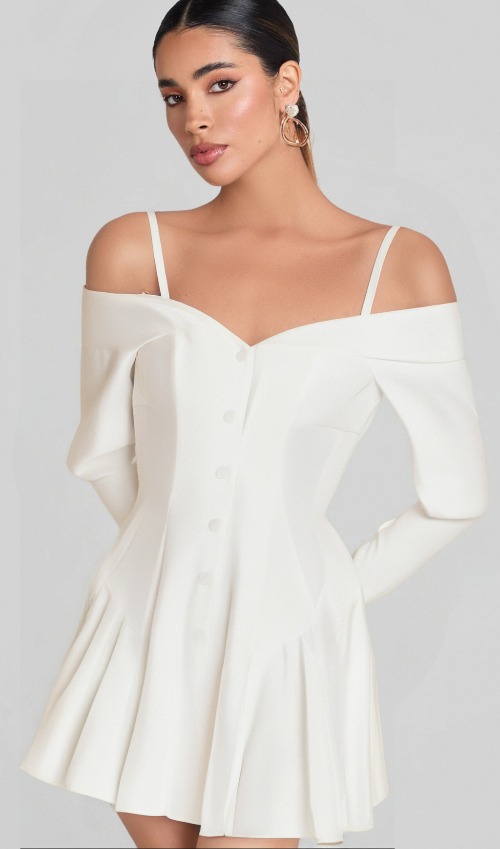 Flowering Girl Women off-shoulder pleated trim mini dress in white