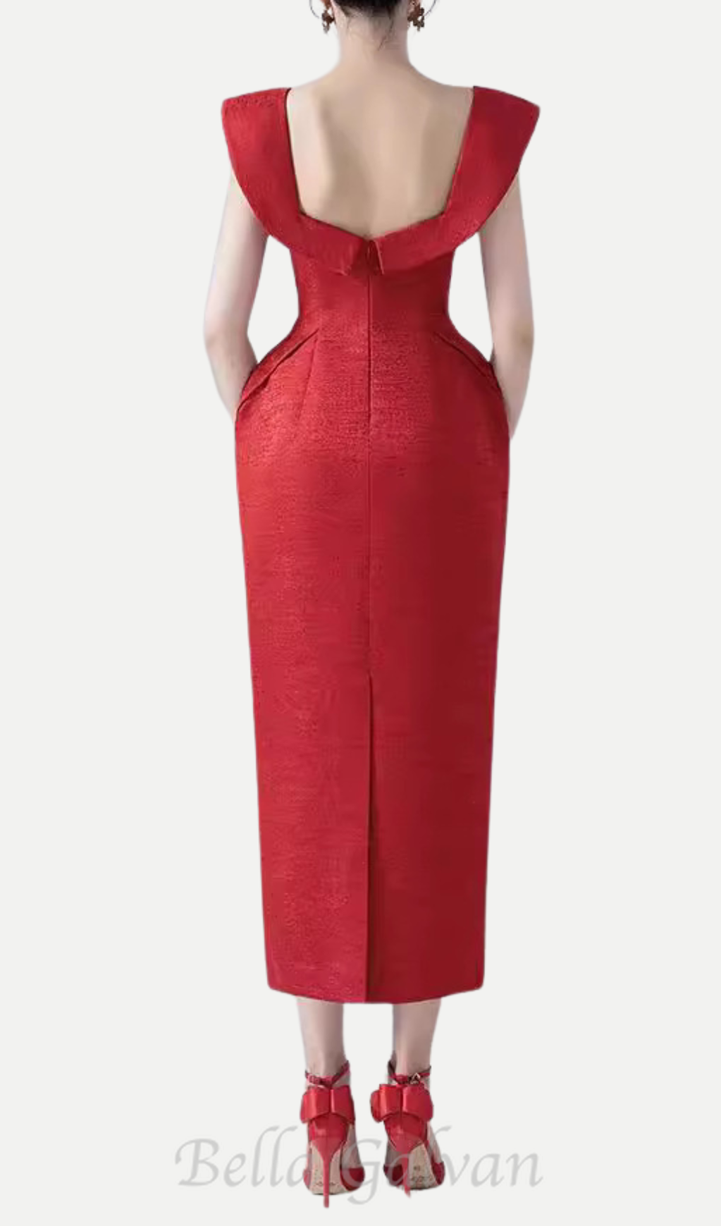 Flowering Girl Women square neckline bow midi dress in red