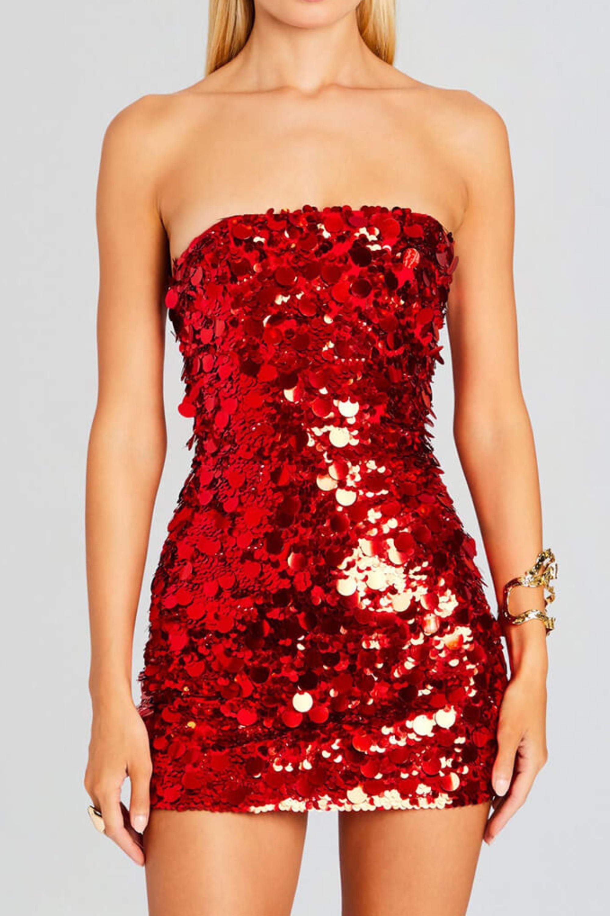 Flowering Girl Women Sequin Strapless Mini Red Dress