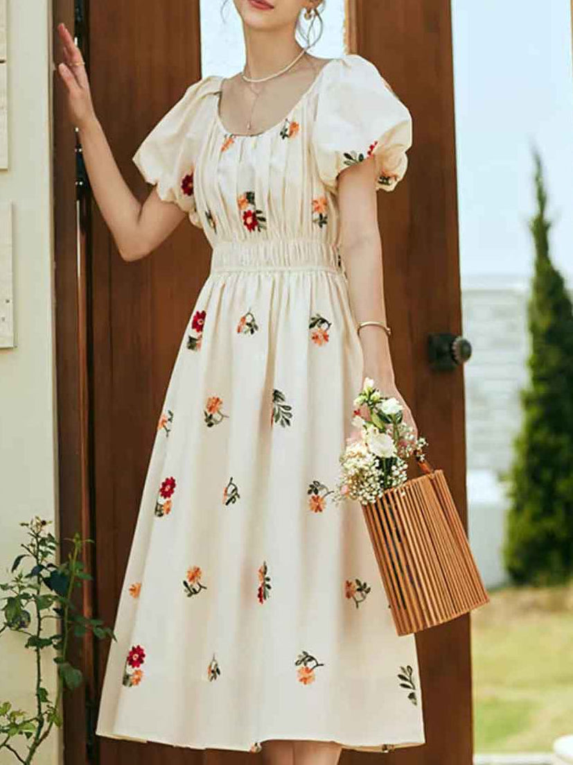 Flowering Girl Women rosalind Retro Embroidered Puff Sleeve Dress