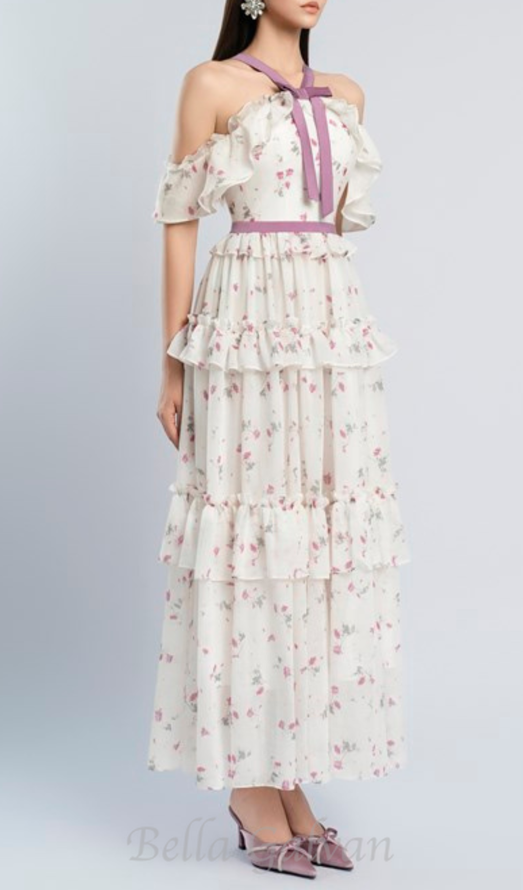 floral print bow collar ruffle flared maxi dress