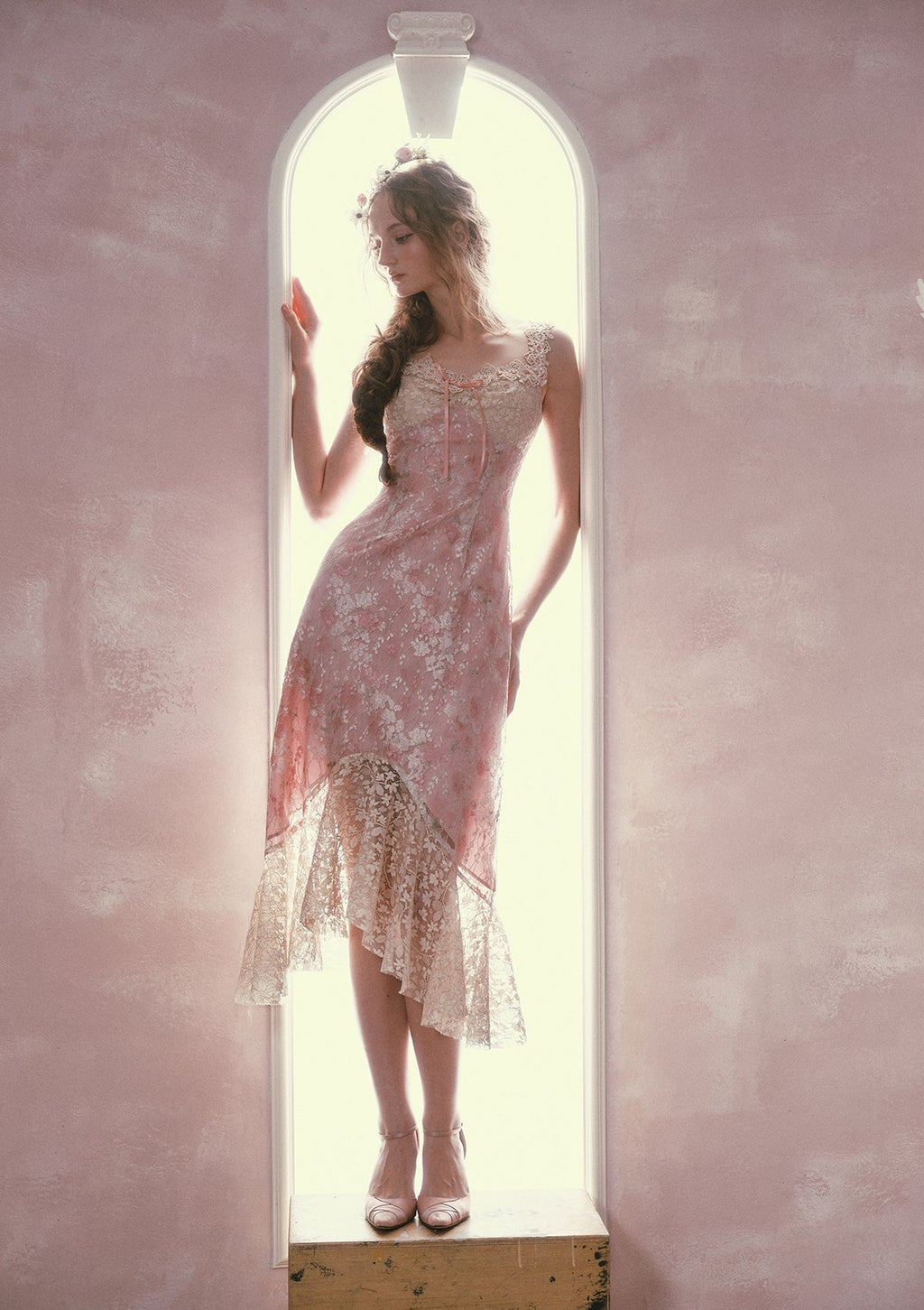 Flowering Girl Women mandy Floral lace embroidery midi dress - pink