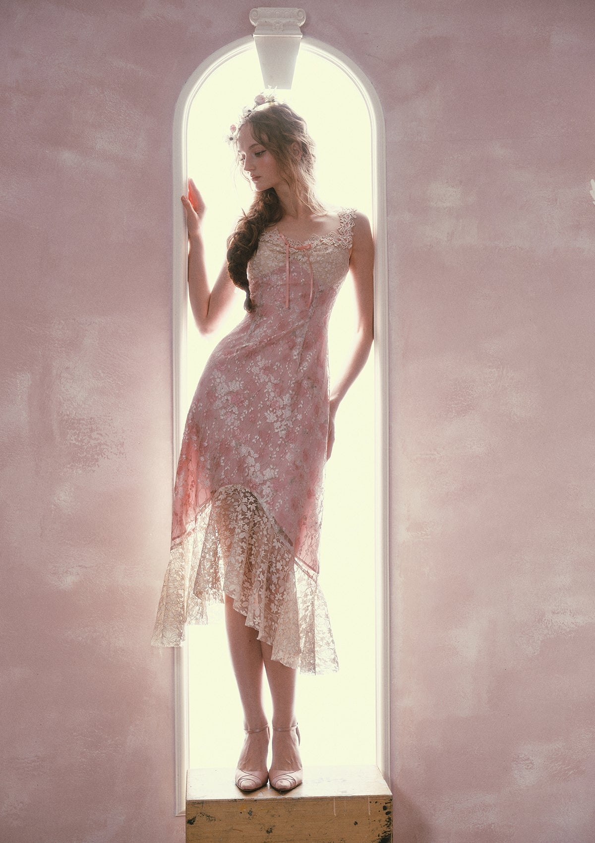 Flowering Girl Women mandy Floral lace embroidery midi dress - pink