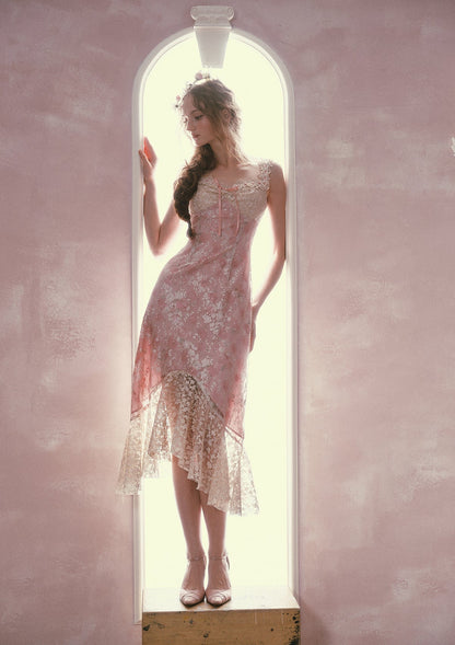 mandy Floral lace embroidery midi dress - pink