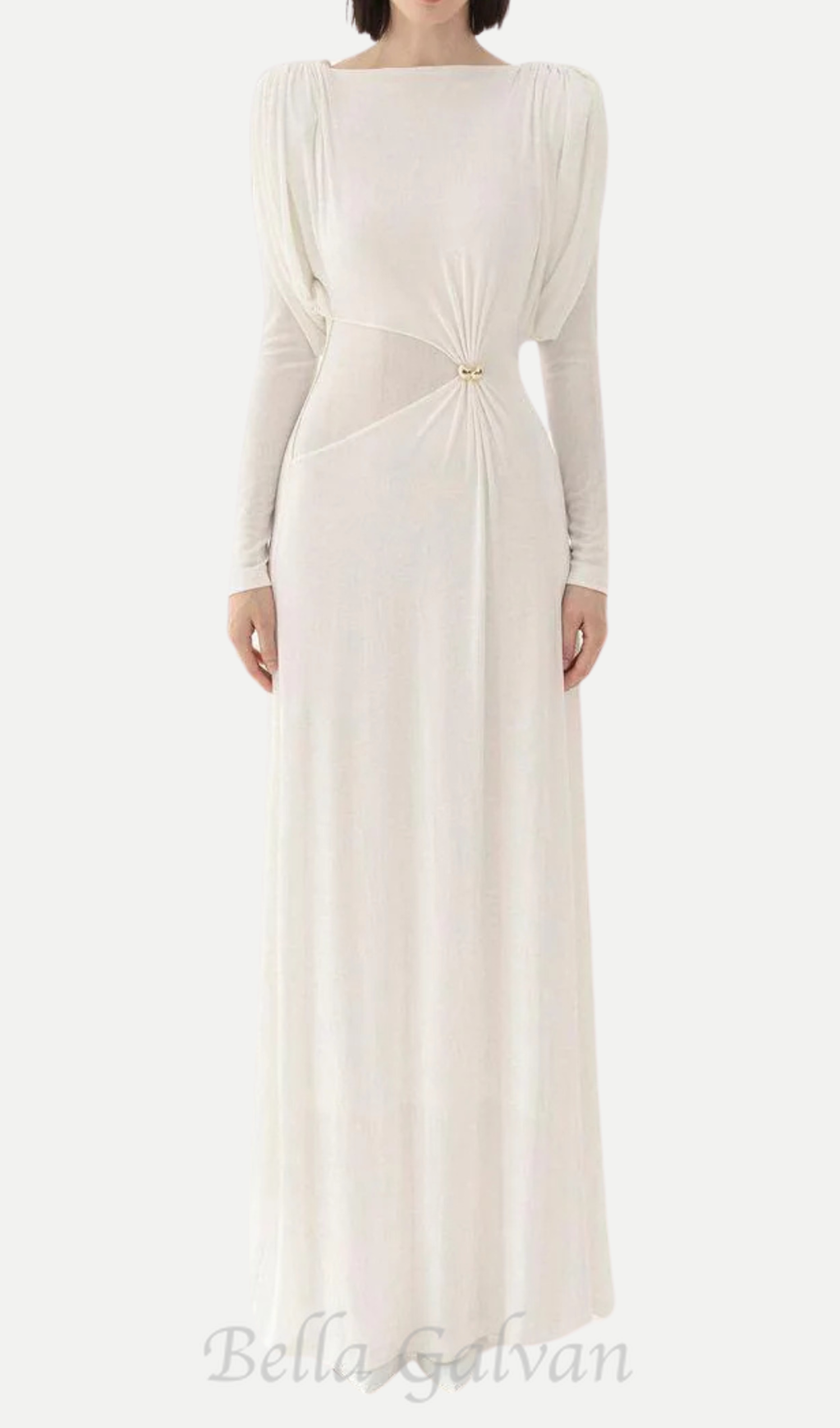 Flowering Girl Women white straight boat neck knitted fabric maxi dress